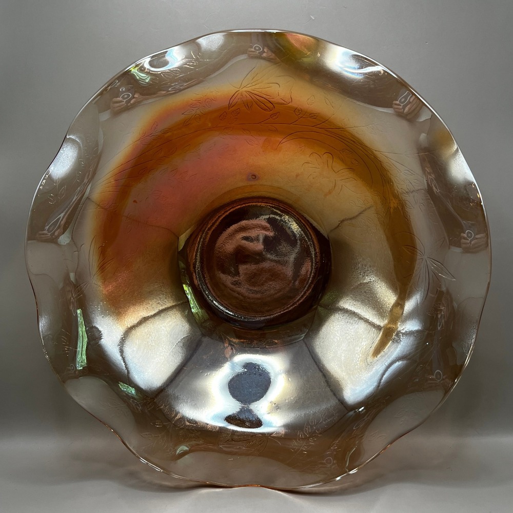 Depression Glass Carnival Glass Bowl Jeanette Iridescent Ruffled Etched 10"x2.5"